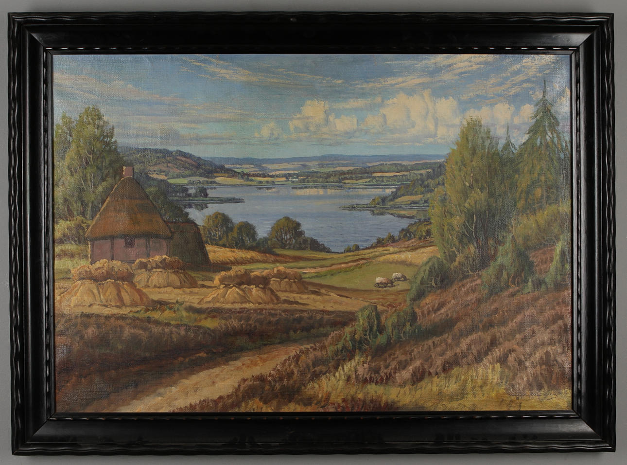 OKÄND KONSTNÄR. Landskap med får, olja på duk, otydligt signerad och daterad 1936.