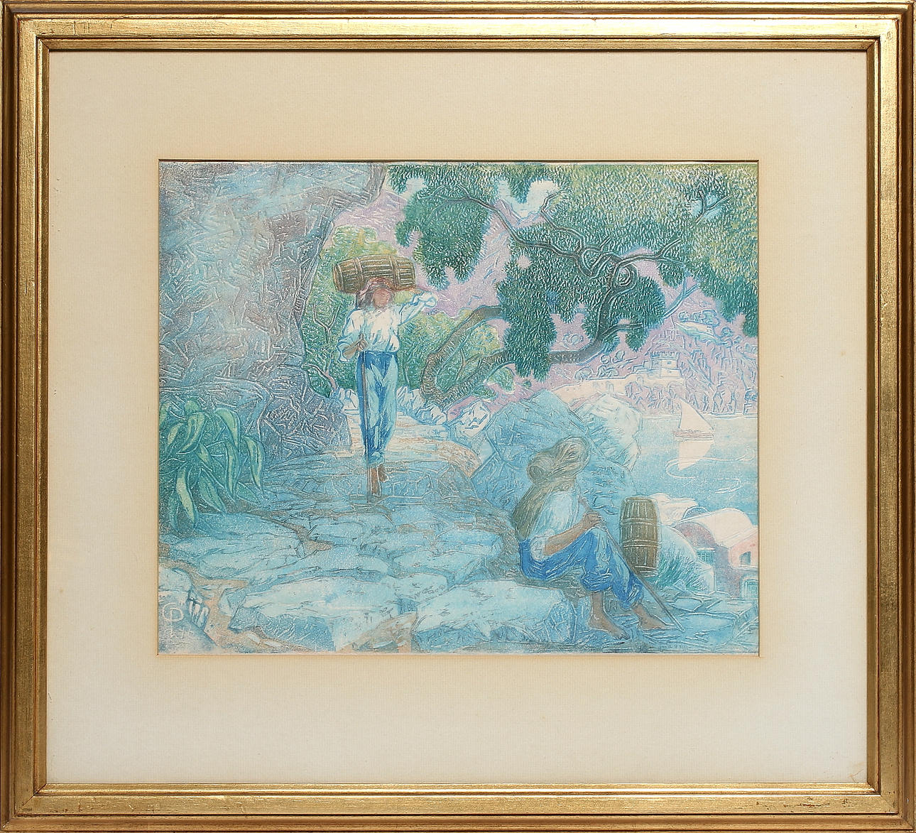 CARL PALME. "Vattenbärare vid havet", träsnitt, monogramsignerad CP, numrerad XVI/20 och daterad -46.