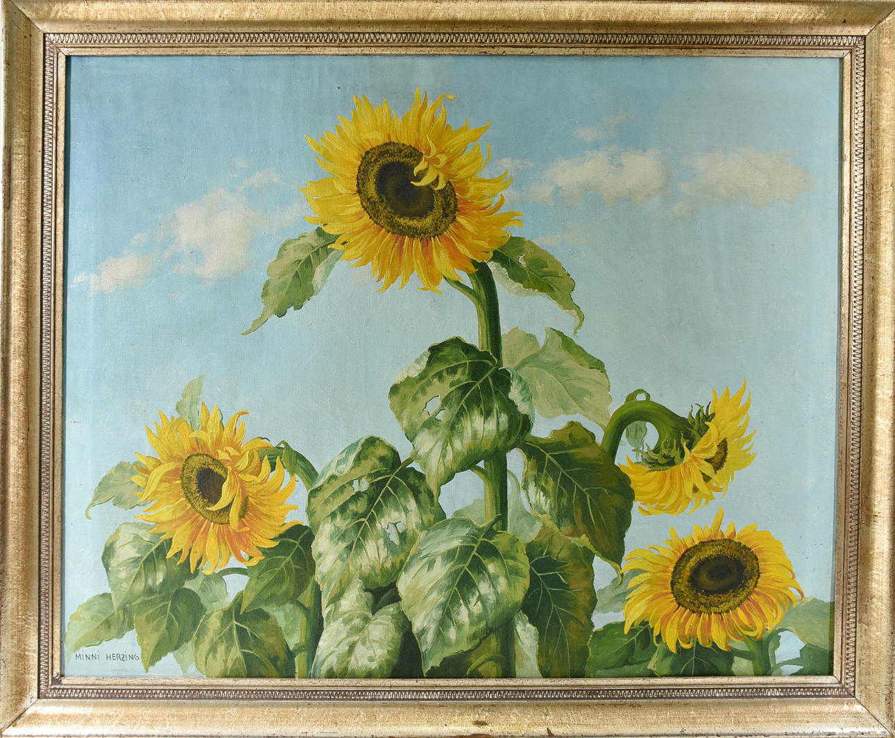 HERZING MINNI. ”Blühende Sonnenblumen”, olja på duk, signerad Minni Herzing.