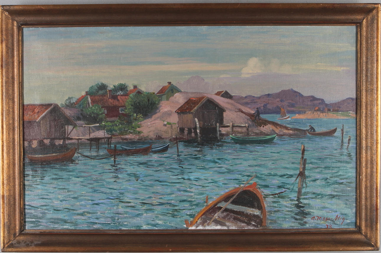 ANTE KARLSSON-STIG. Fiskeläge, olja på duk, signerad och daterad -37.