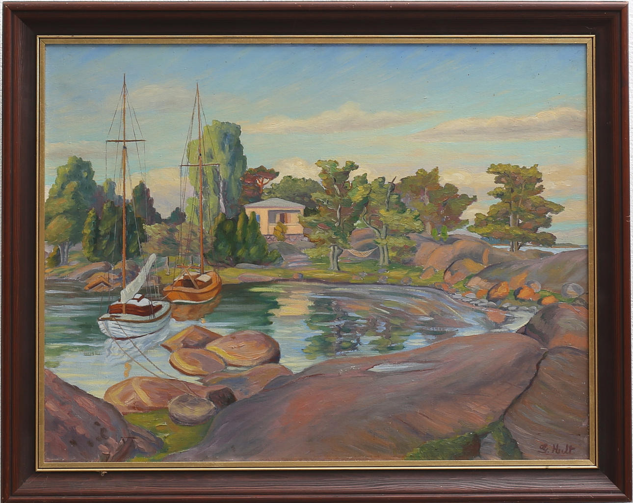 GEORG HULT. Eneholmen, Sörvik. Olja på duk, signerad G. Hult.