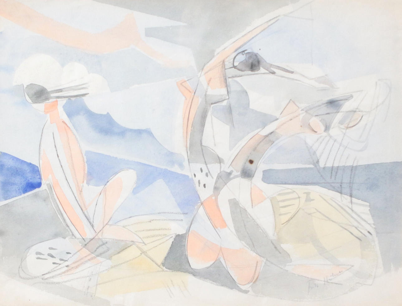 FRITZ HUHN. 'Surreal Composition', watercolour, signed.