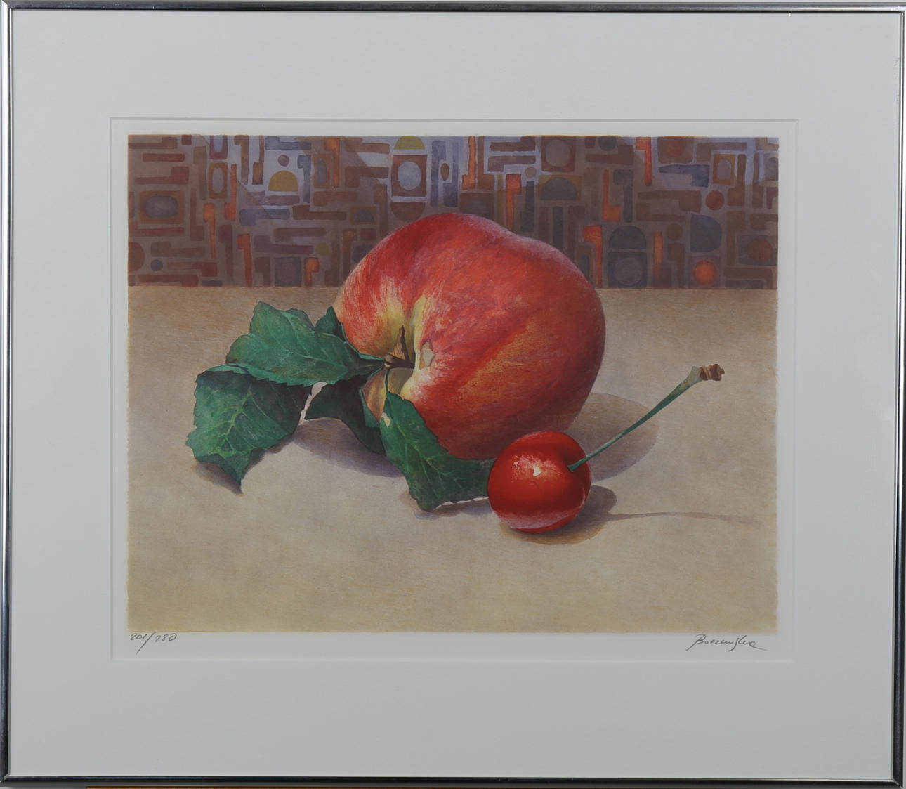MARIA BOCZEWSKA. Stilleben "äpple och körsbär", färglitografi nr 201/280, signerat Boczewska.