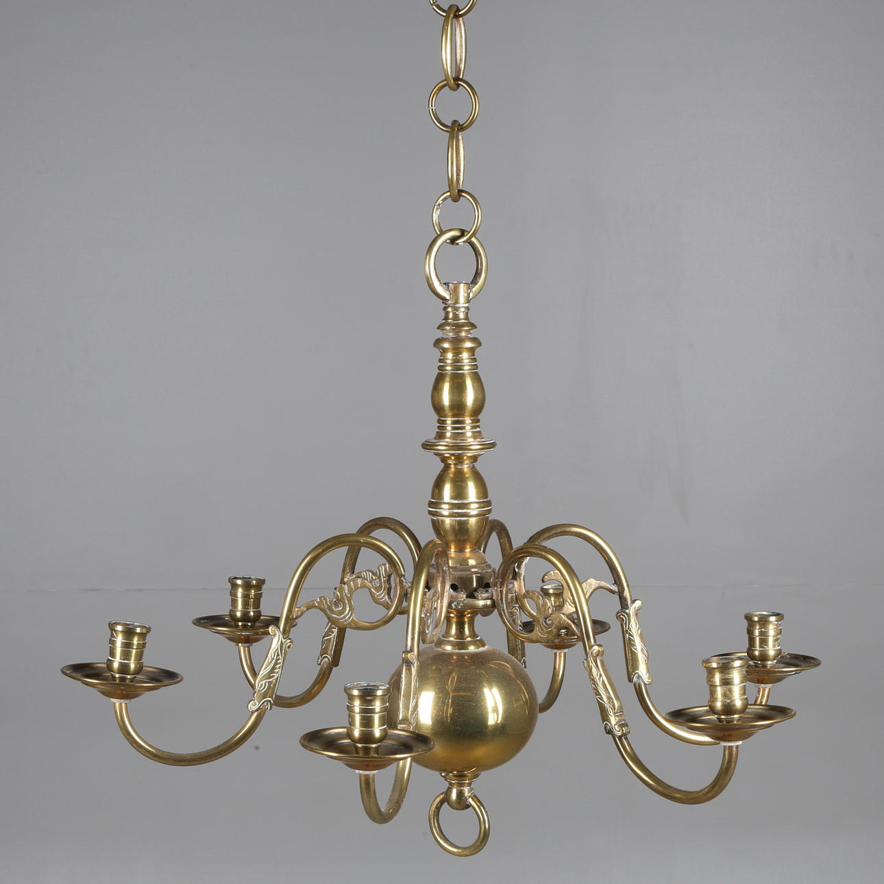 TAKKRONA, mässing, 6 st ljusarmar, 1800-talets sista fjärdedel.