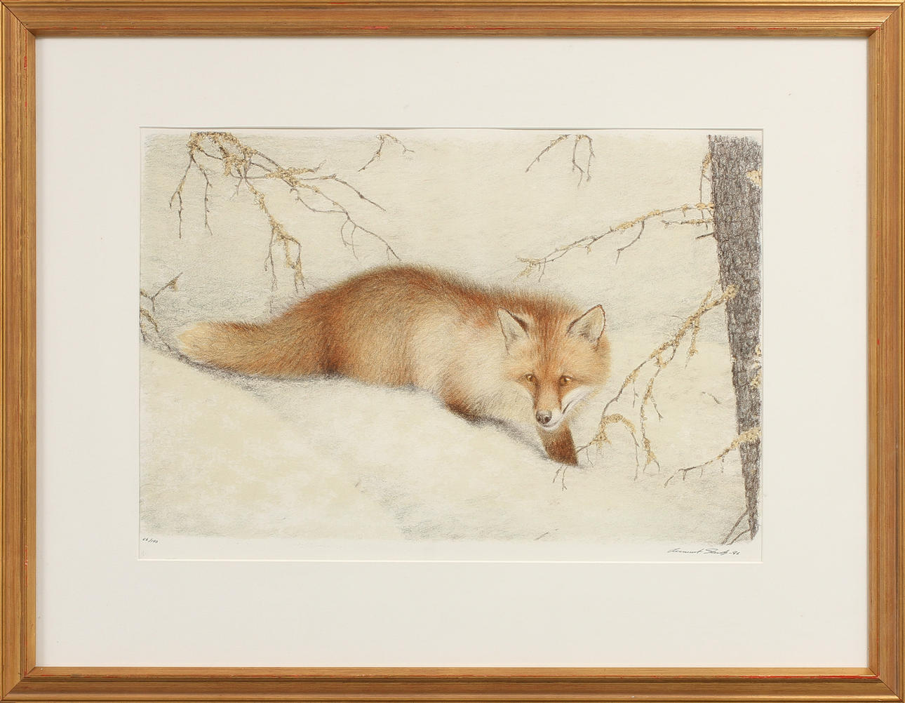 LENNART SAND. Räv i vinterlandskap, färglitografi, signerad och numrerad 66/190.