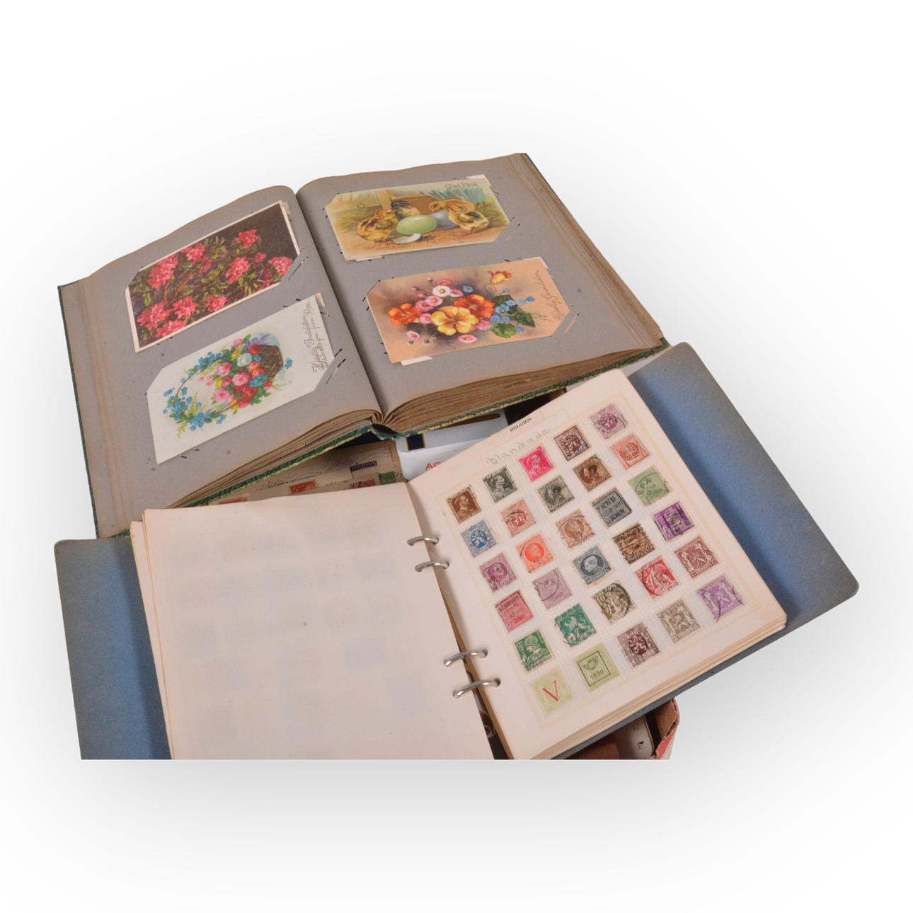 Sæt FREMÆRKER OG GAMLE POSTKORT, 1 æske.