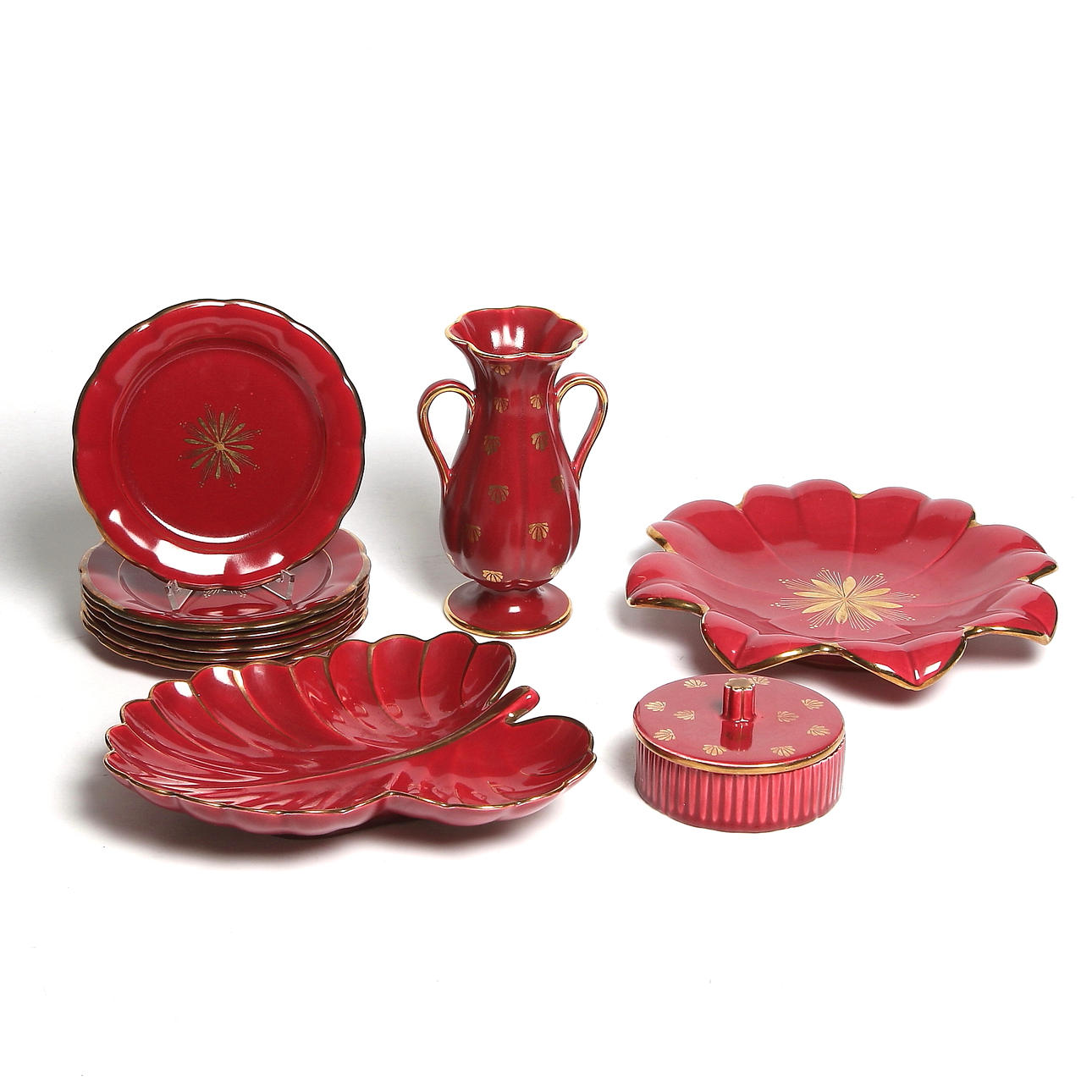 SERVISDELAR, 10 delar, "Röd Rubin", art deco, Arthur Percy, Gefle.