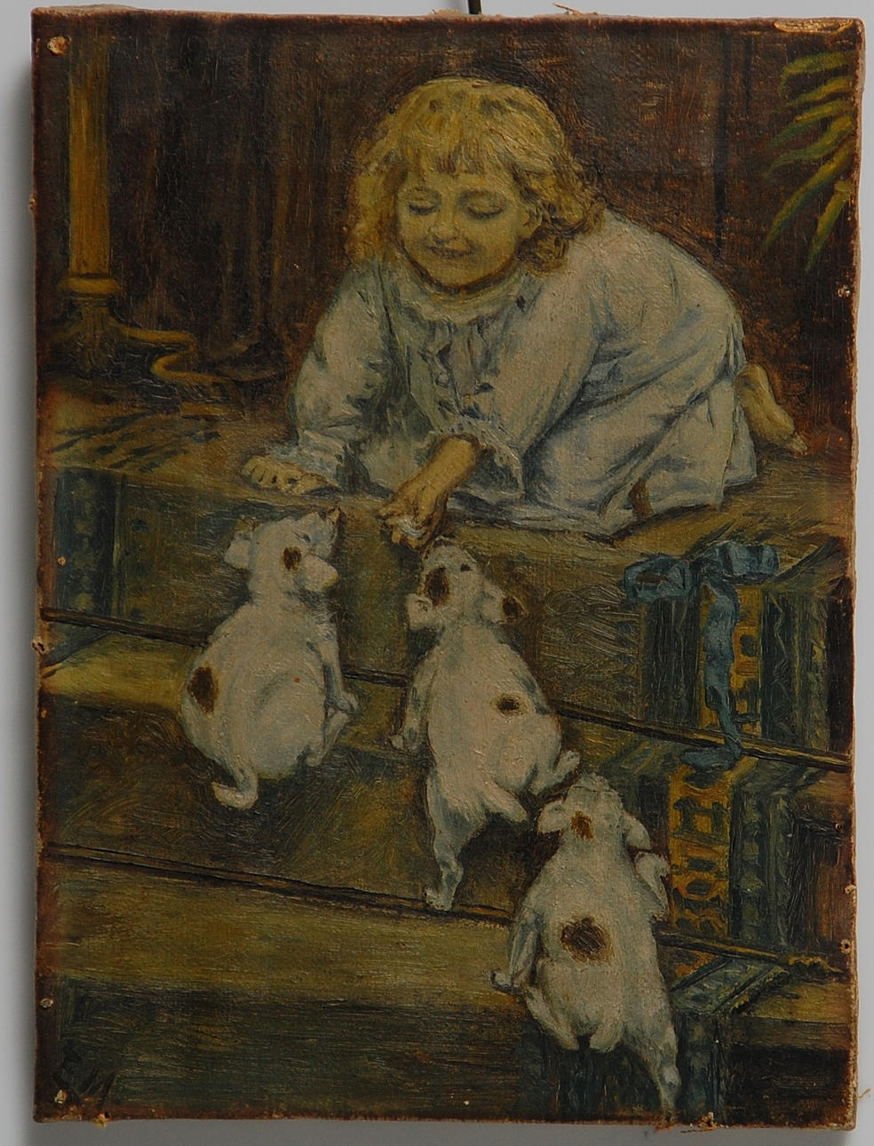 OIDENTIFIERAD KONSTNÄR. olja på duk, " Flicka med hundvalpar " 18-1900-tal.