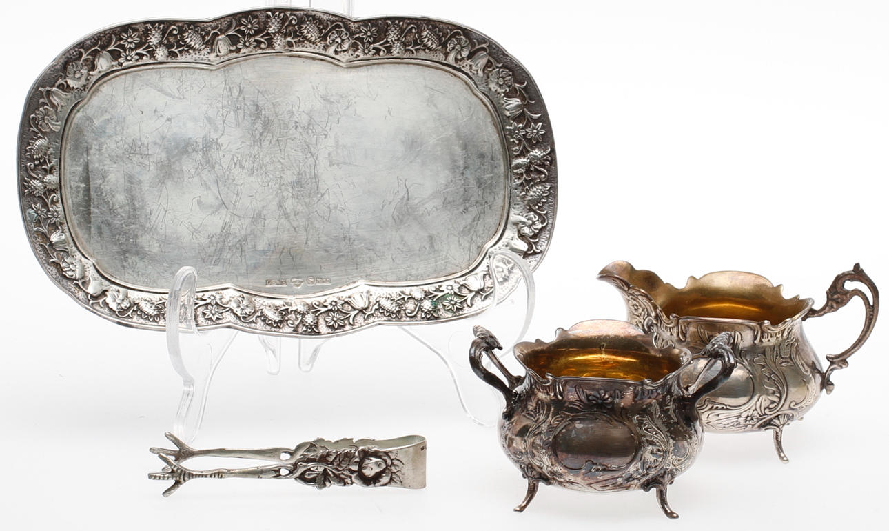 SOCKERSKÅL, GRÄDDKANNA och BRICKA, silver, GEWE, Malmö 1968-70, SOCKERTÅNG, 1946, vikt ca 426,5 gram.