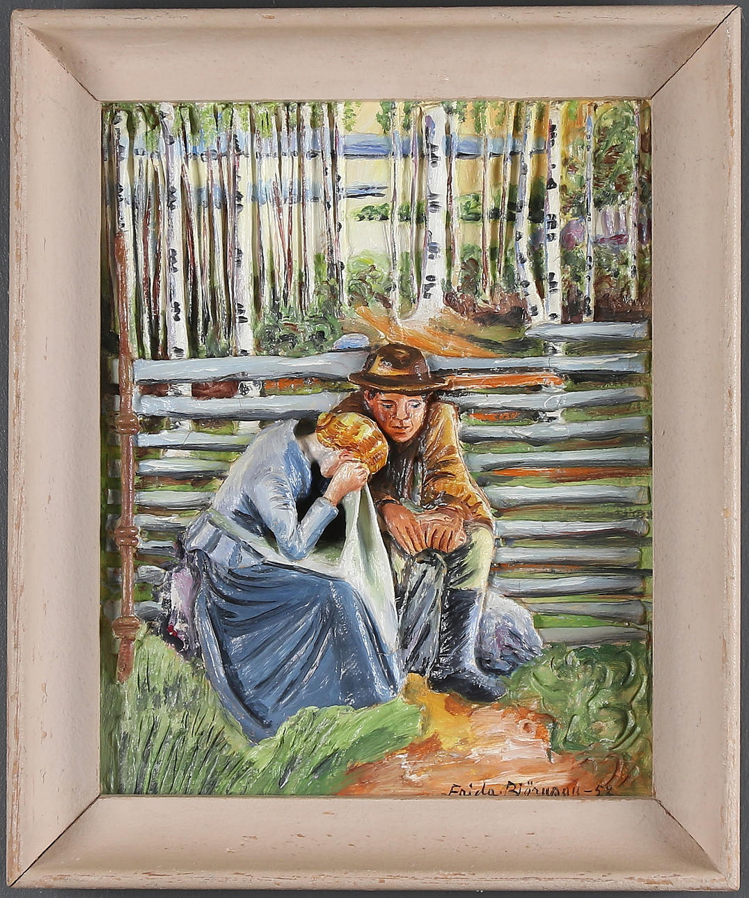 FRIDA BJÖRNSSON. Kvinna och man vid gärdesgård, relief. Signerad och daterad -52.