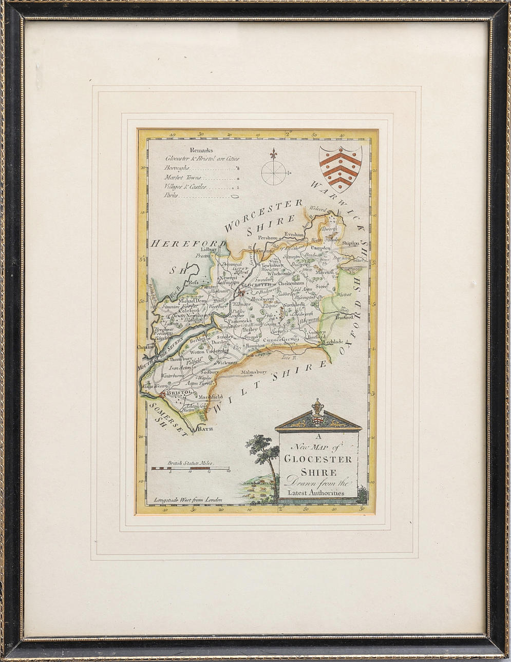 ANTIQUE MAP. A FRAMED, ENGRAVED AND HAND COLORED MAP OF THE COUNTY OF GLOUCESTERSHIRE IN SOUTHWEST ENGLAND POSSIBLY BY THOMAS CONDER IN 1784.