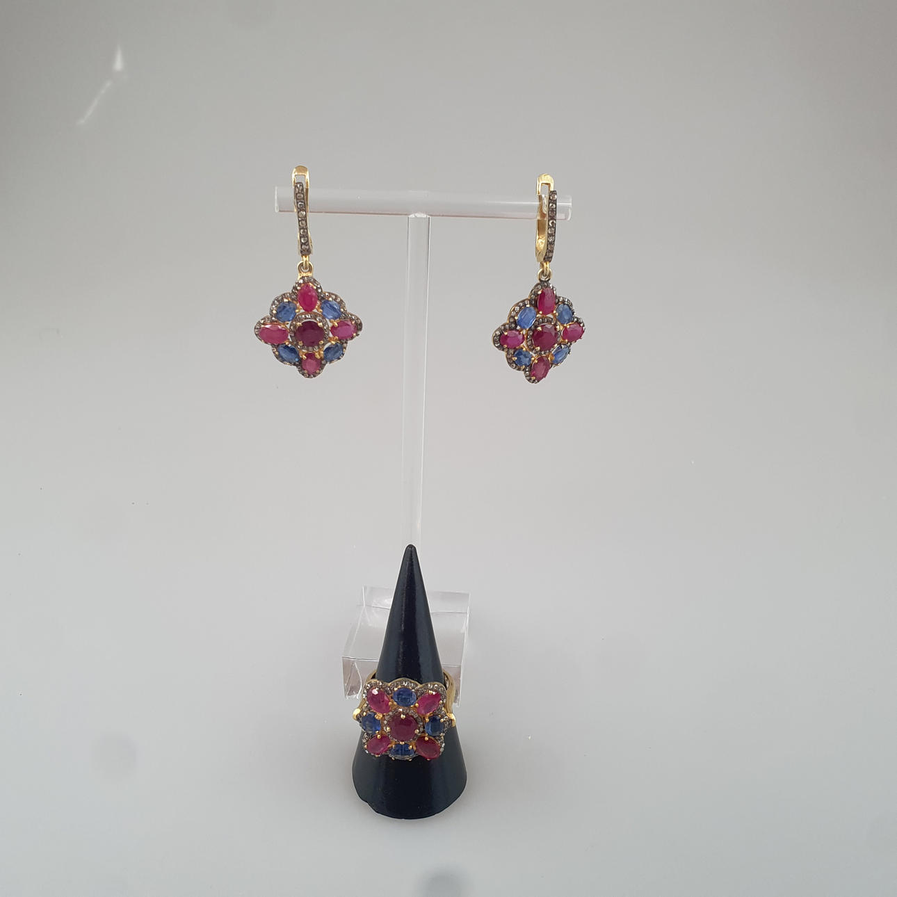 Ruby and Kyanite Dangler earrings, matching ring, 925 silver with diamonds.