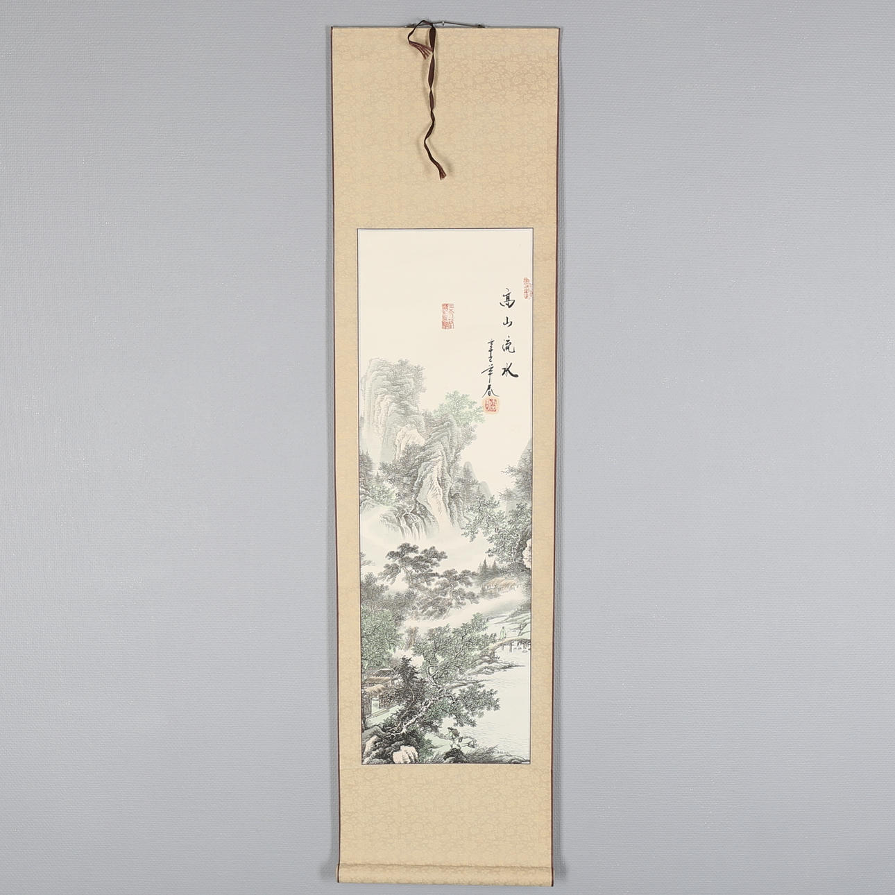 RULLMÅLNING, akvarell, landskap med person på bro, Kina.