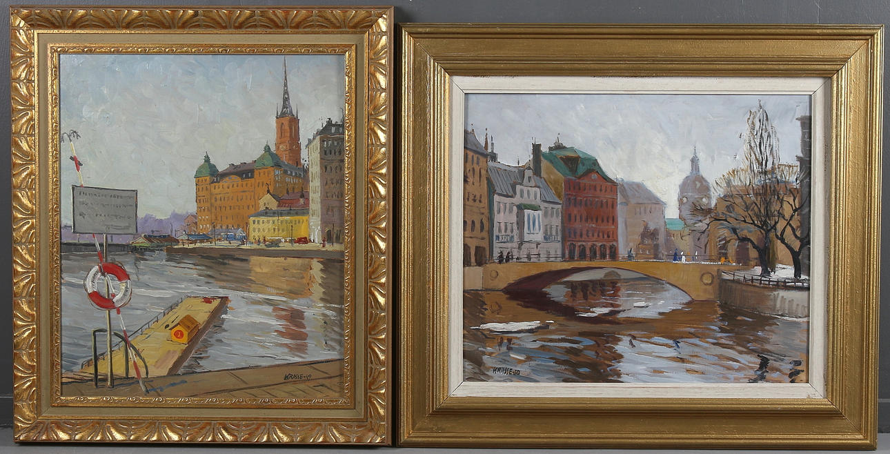 ARNE KRASSE. 2 st, Stockholmsmotiv, olja på pannå, signerad.