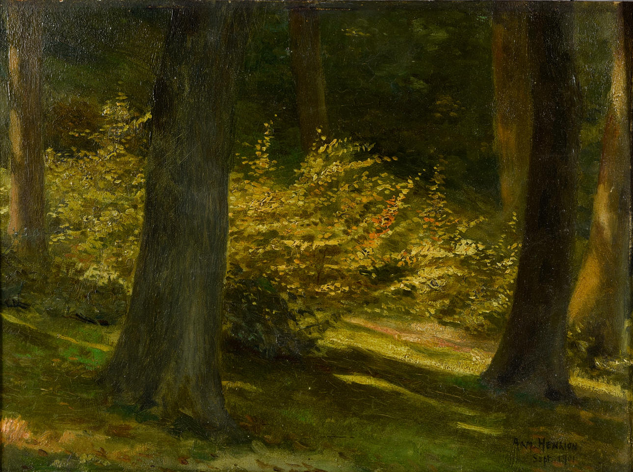 HENRION, ARMAND. ”Waldinneres”, olja på tavla, sig. u. dat. ”FATTIG. Henrion sept 1901".