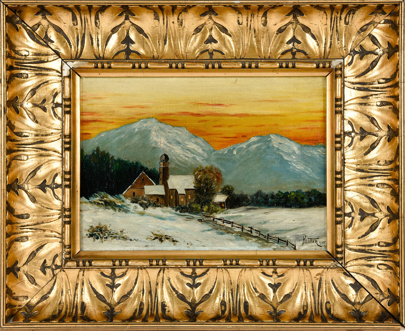 RUITTEN. ”Wintersonnenuntergang”, olja på duk, sig. u. dat. ”Ruitten 1905".