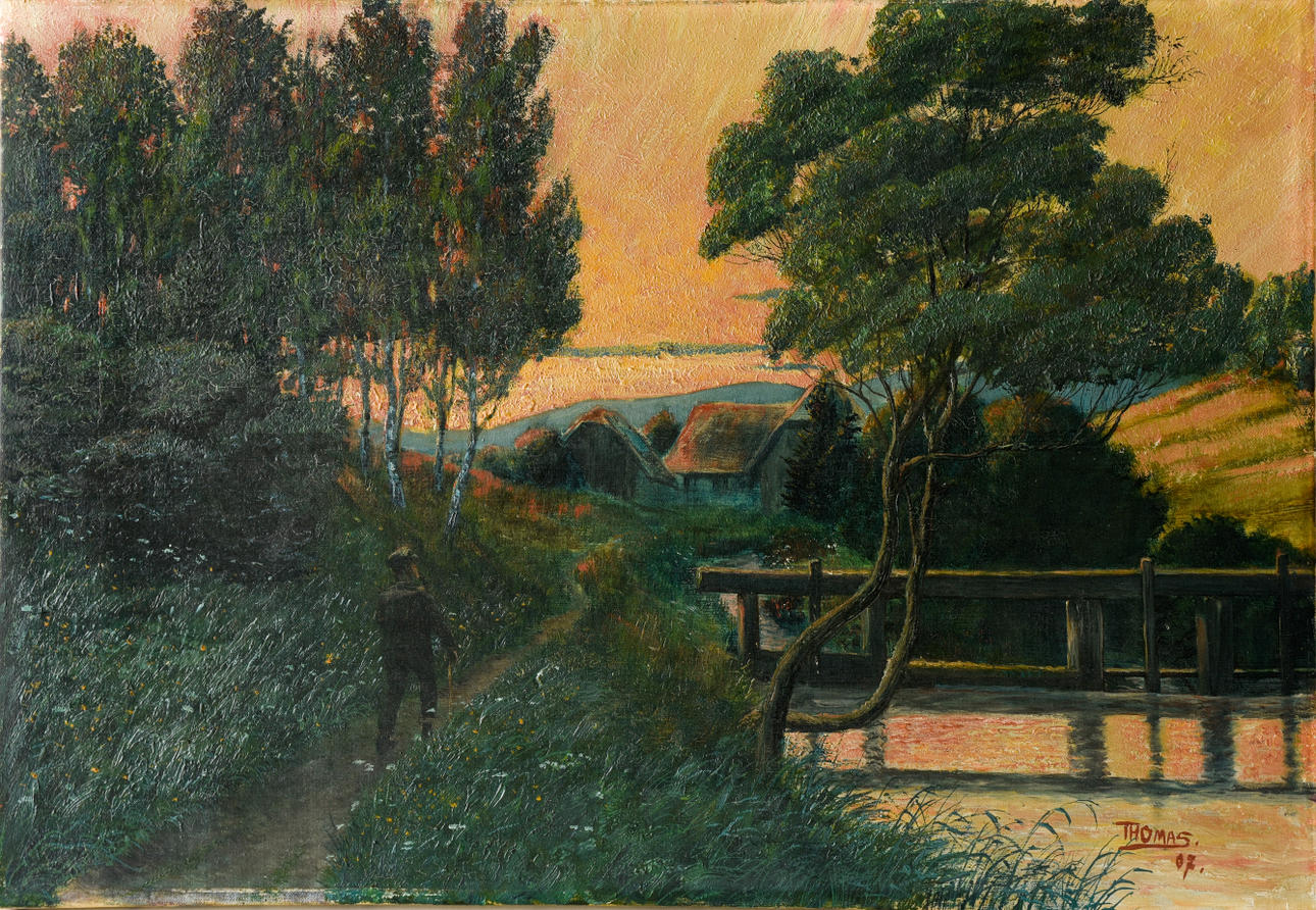 FERDINAND THOMAS. ”Abendwanderung am Mühlbach”, olja på duk, signerad. u. dat. THOMAS 07".