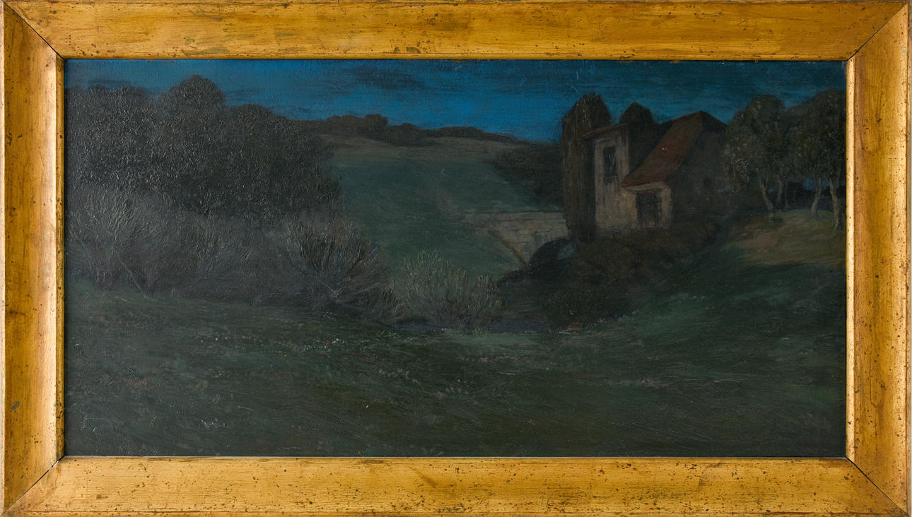 UNBEKANNTER KÜNSTLER. ”Kvällsstämning - bondgård i södra landskapet”, olja på målningsplatta, skylt. sluddriga.