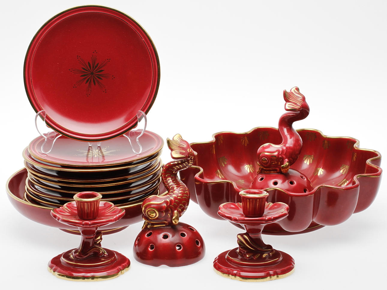 KERAMIK, 16 delar, "Röd Rubin", Arthur Percy, Gefle.