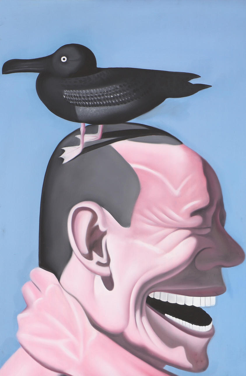 YUE MINJUN. cara y pájaro, impresión.