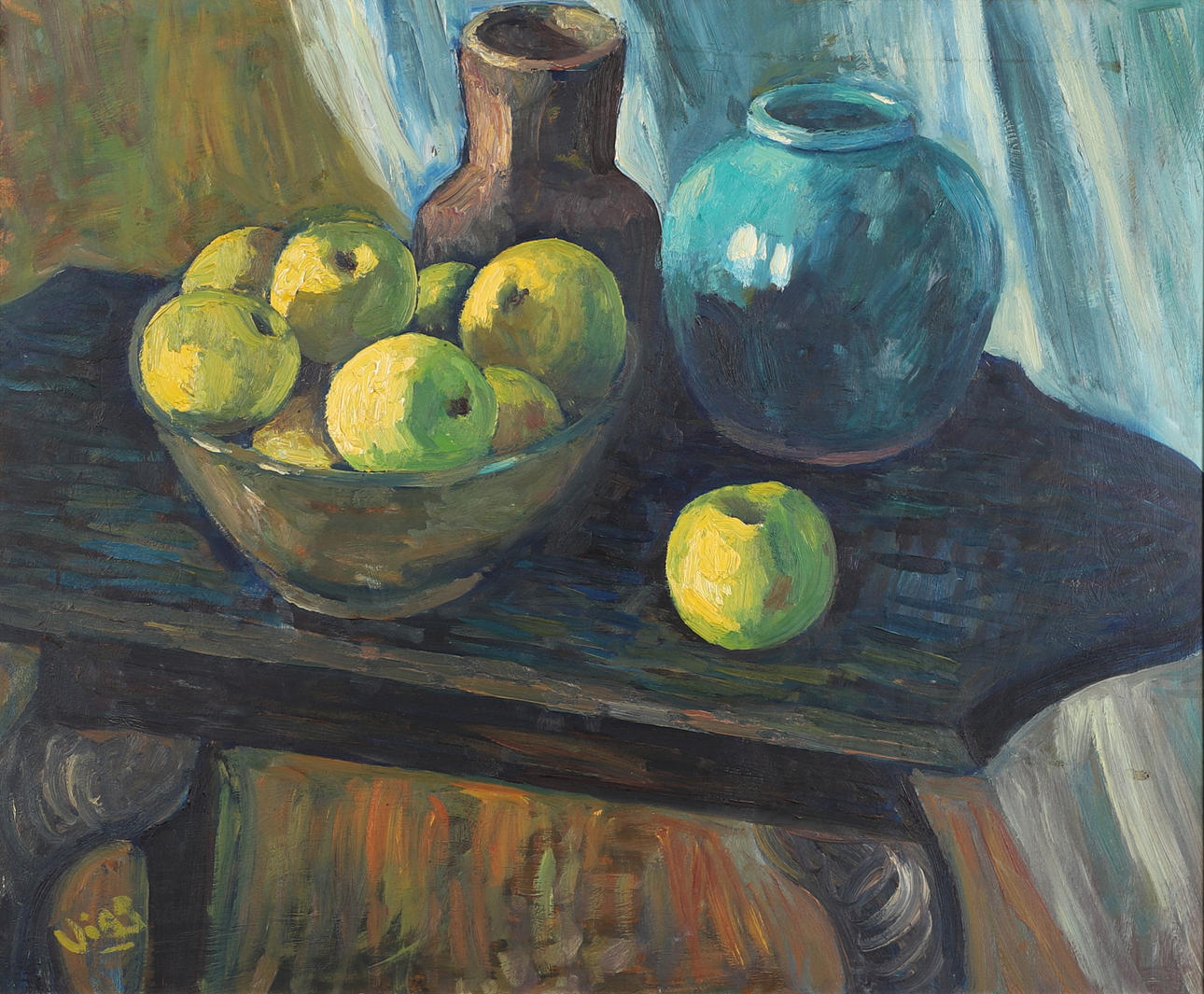 BOB VIGG (1932-2001). STILL LIFE OF BOWLS AND APPLES ON A TABLETOP.