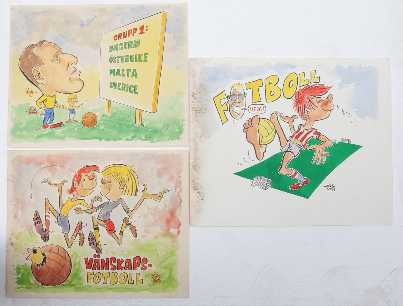 BÖRJE DORCH. 3 st blandtekniker, tema fotboll, signerade.