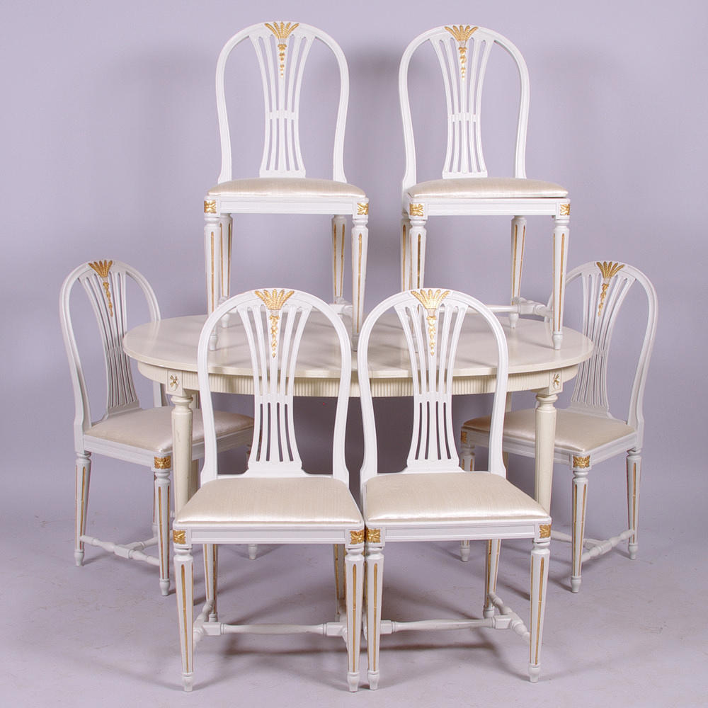 MATSALSGRUPP, vitmålad med förgyllningar, gustaviansk stil.