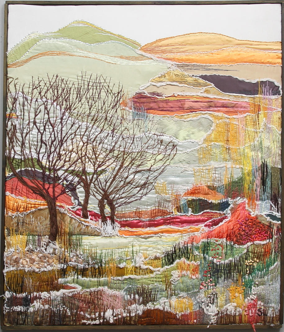 OIDENTIFIERAD KONSTNÄR. Textilkonst, landskap, monograms signerad SL.