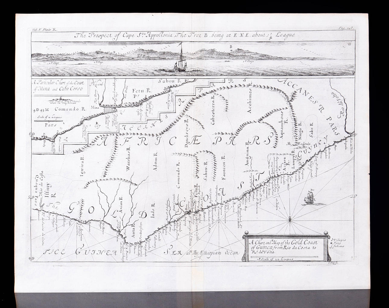 ETCHING, View of Cape Appolonia and a chart showing part of the African ...