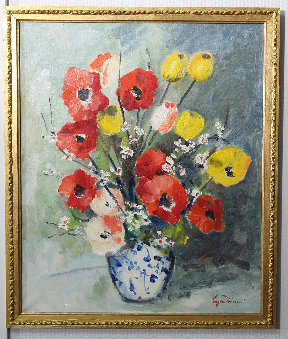 EUGEN PERSSON. Olja på duk, Blomsterstilleben, signerad.