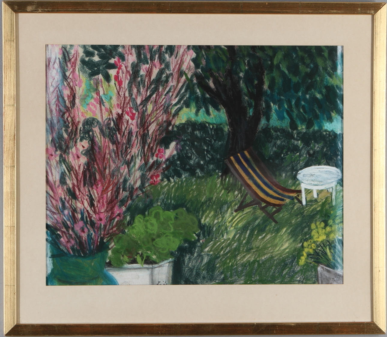 EVY LÅÅS. Sommarträdgård, Pastell, signerad.