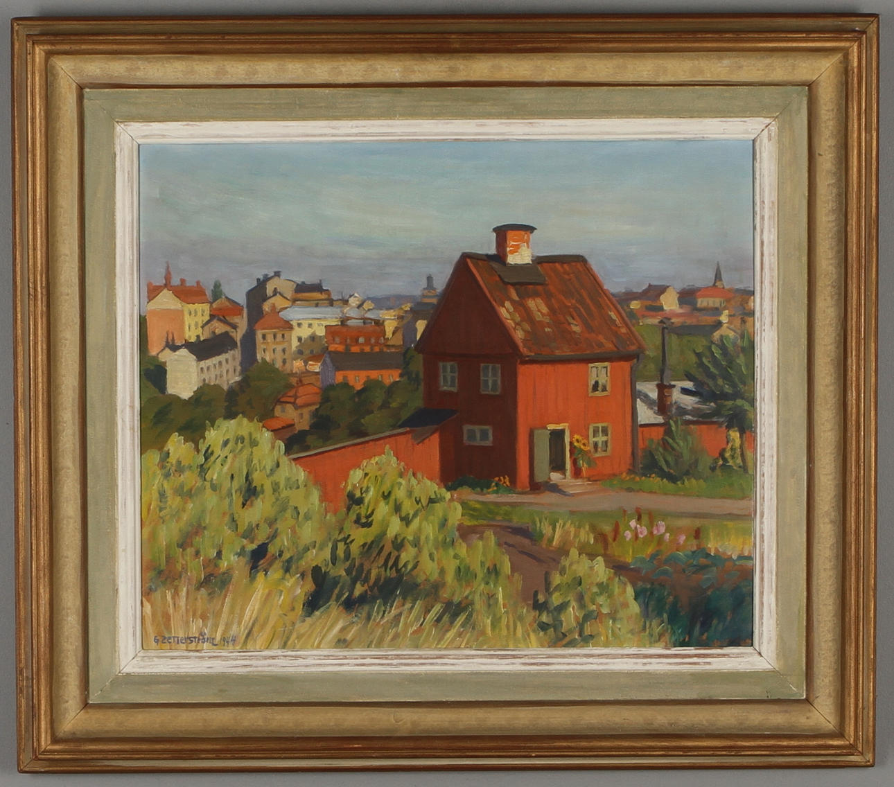 GUNNAR ZETTERSTRÖM. John Klangs hus på Skinnarviksberget, olja på pannå, signerad och daterad 1944.