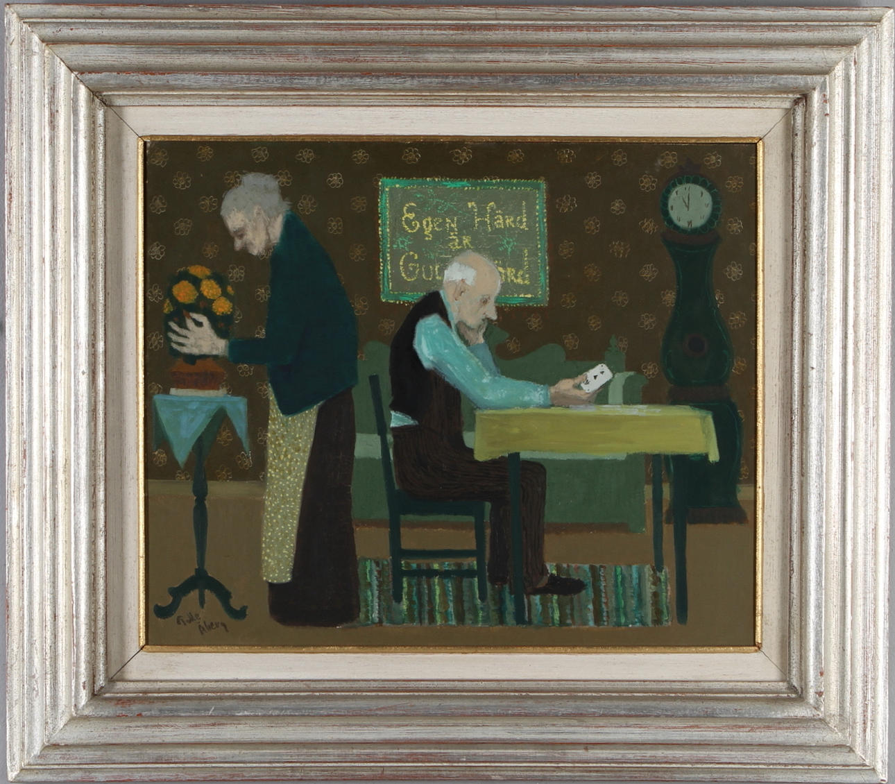 PELLE ÅBERG. Interiör med äldre man och kvinna, olja på pannå, signerad.