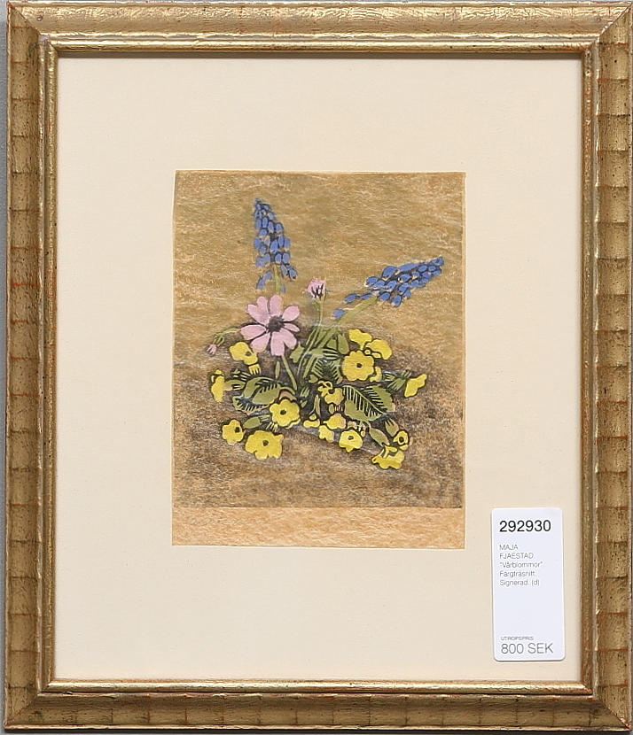 MAJA FJAESTAD. "Vårblommor". Färgträsnitt. Signerad.