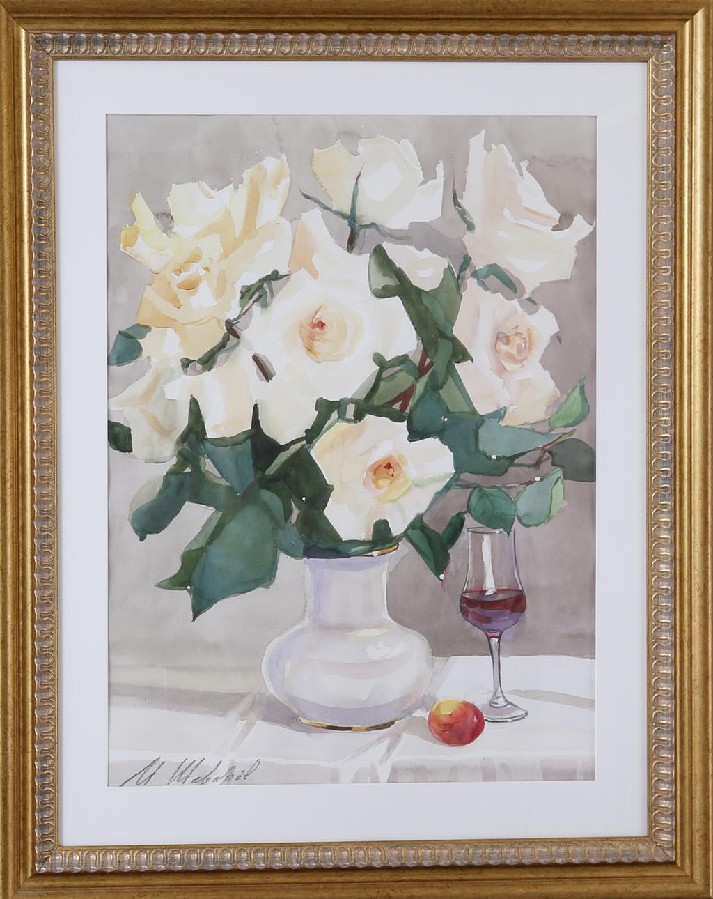 MICHAEL SHEVARJOV. Blomstilleben, akvarell, signerad.