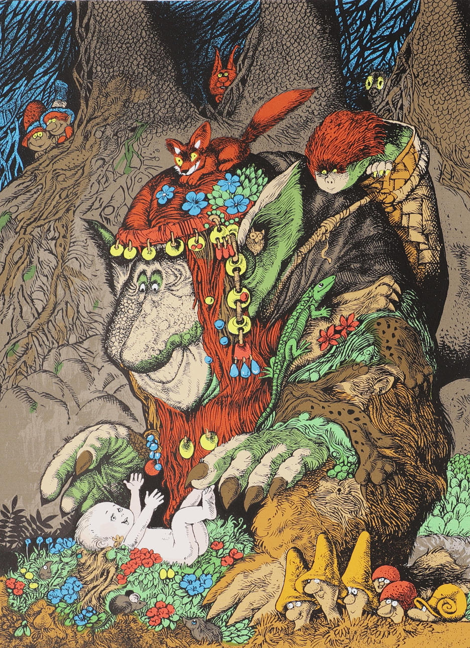 HANS ARNOLD. Troll with baby, lithographic print, unsigned.