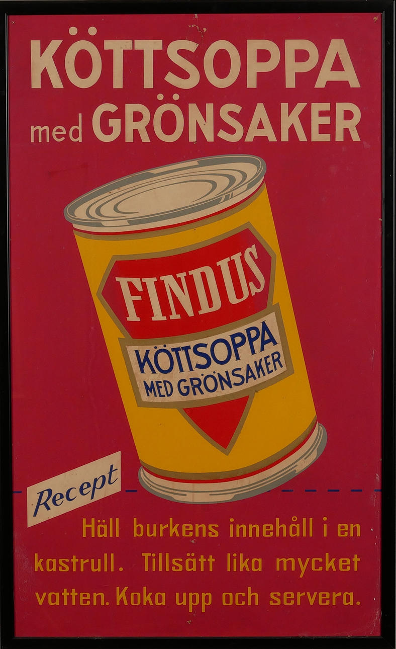 REKLAMSKYLT, "Findus köttsoppa", 1900-talets mitt.