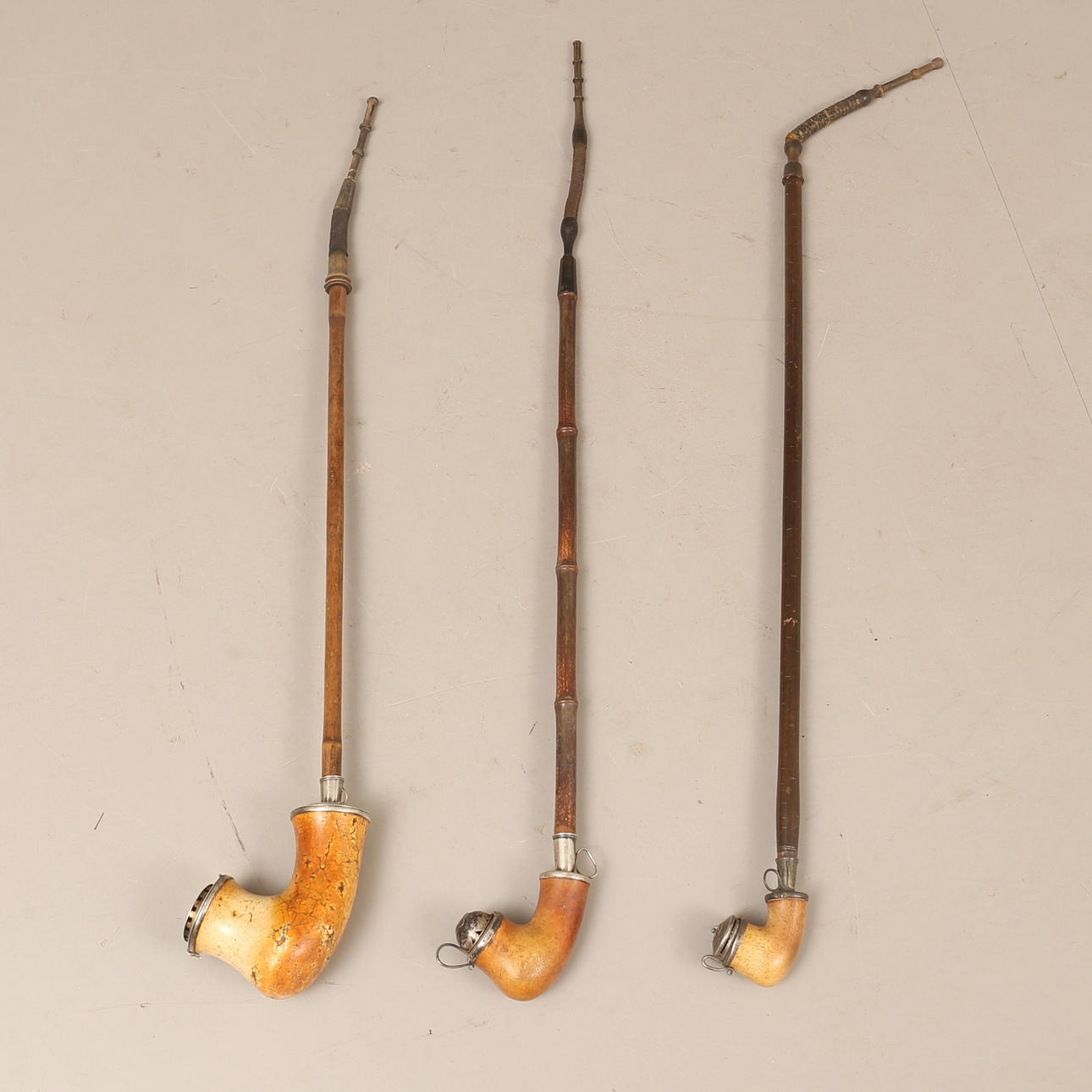 LONG PIPES, 3 pieces, 19th century.