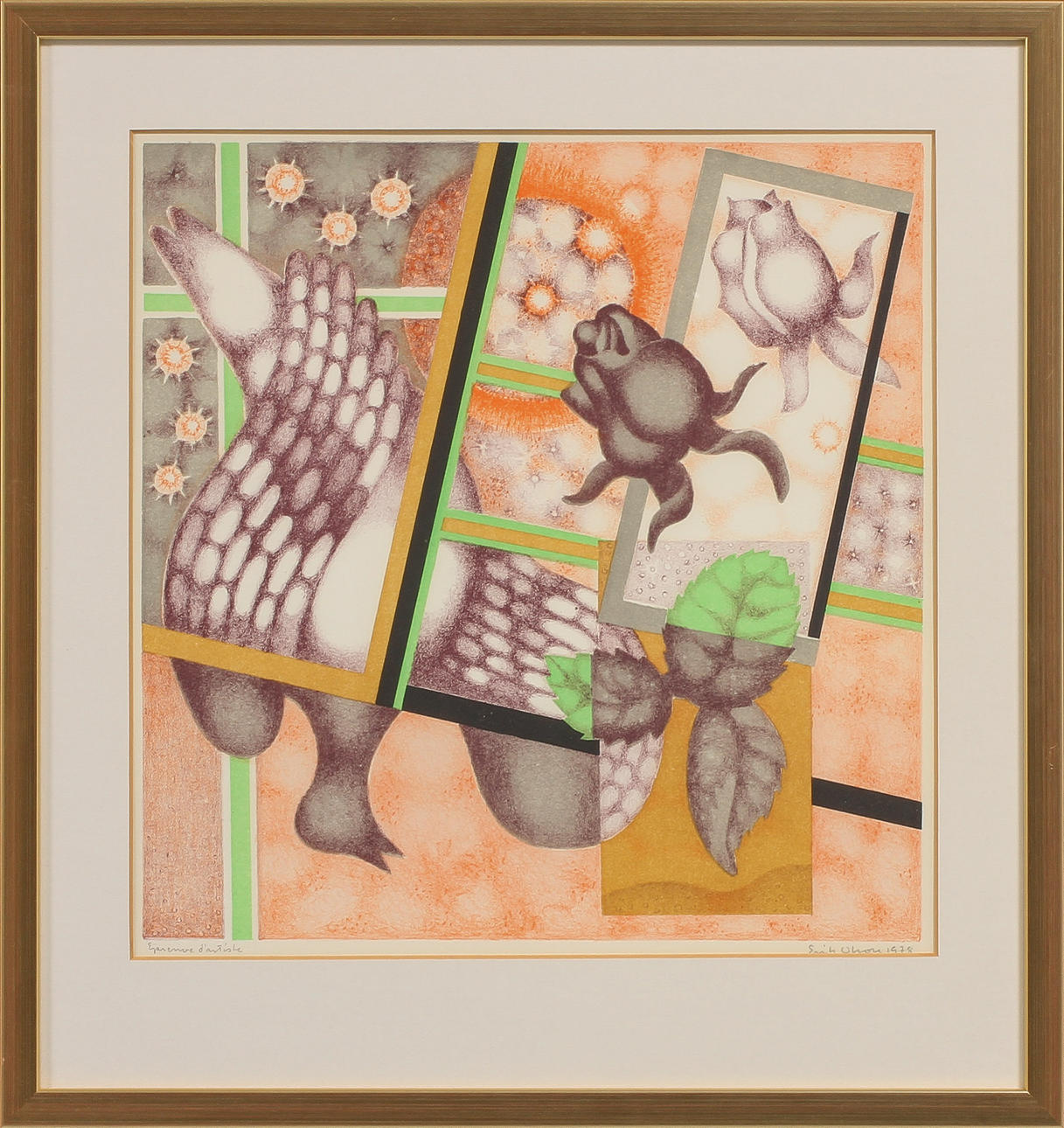 ERIK OLSON. Komposition med duva och rosor. Färglitografi, signerad 1978 épreuve d'artiste.