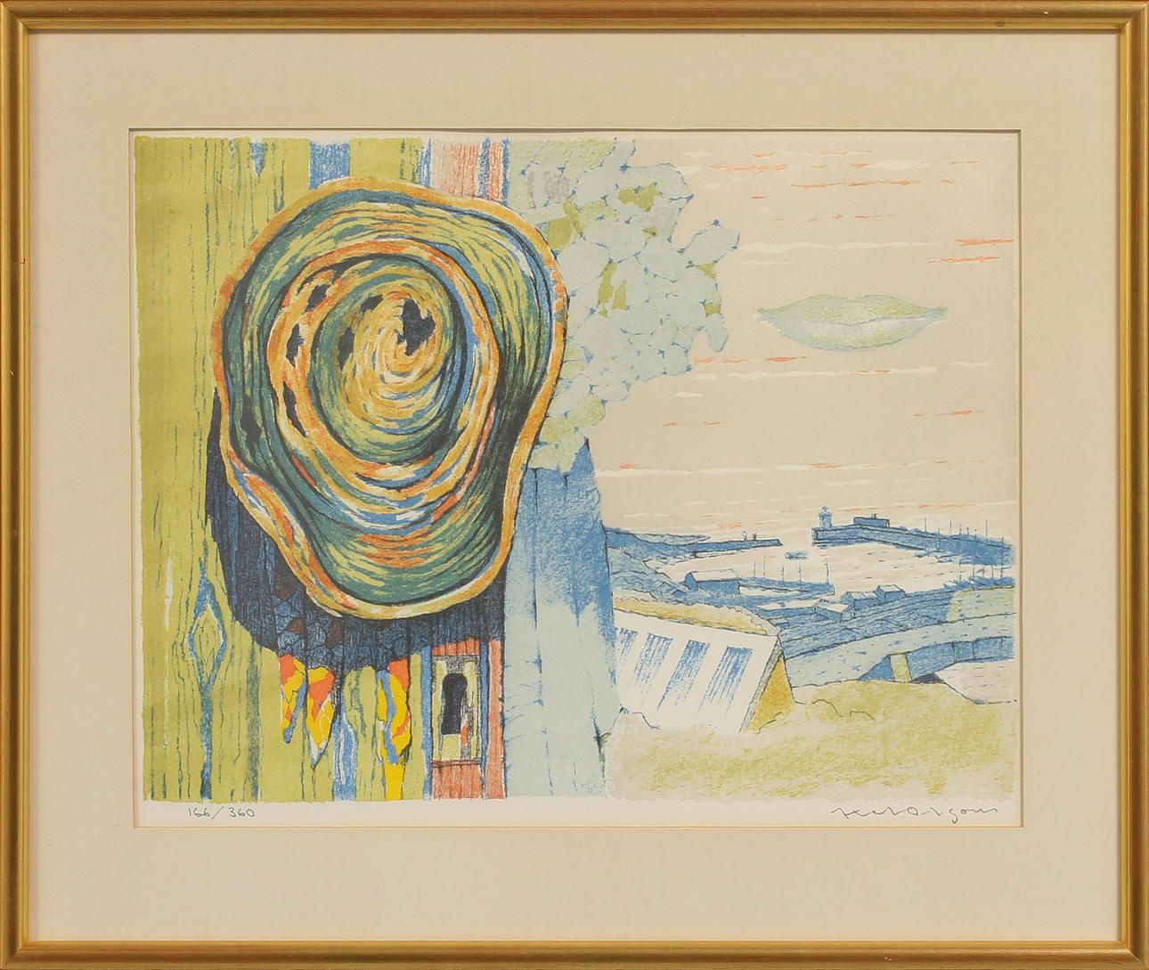 AXEL OLSON. Komposition med trädstam och kustvy. Färglitografi, signerad och numrerad 166/360.