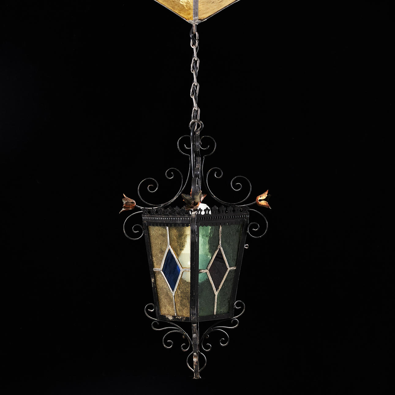 CEILING LANTERN, metal and tin-framed polychrome glass, 1900s.