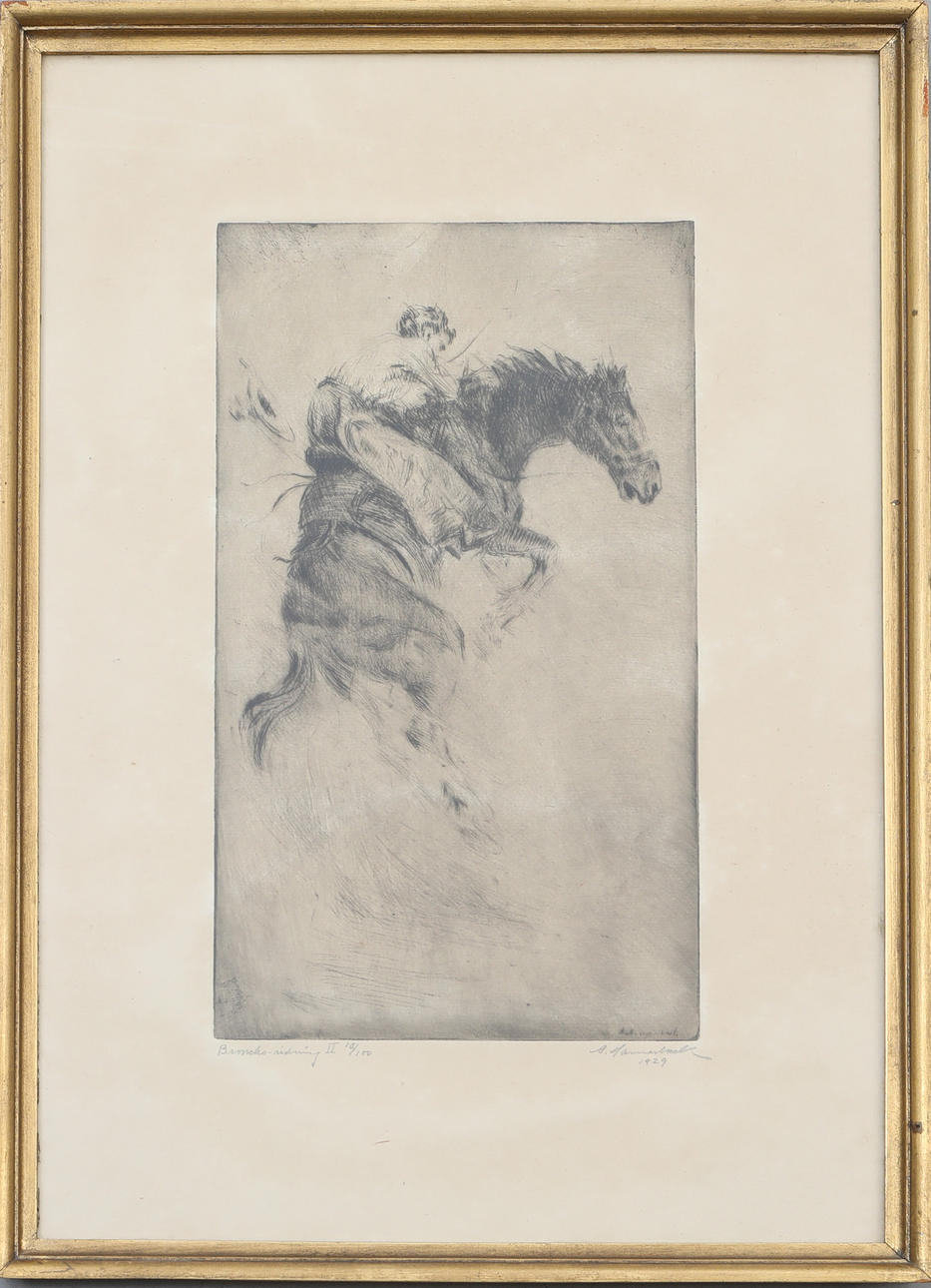 OIDENTIFIERAD KONSTNÄR. etching, "Broncko riding II", signed, numbered 10/100 and dated 1929.
