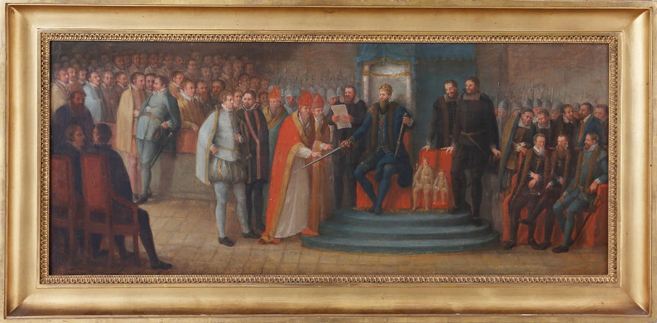OIDENTIFIERAD KONSTNÄR. Biskopar svär trohetsed till Gustav vasa, olja på duk, 1800-tal.