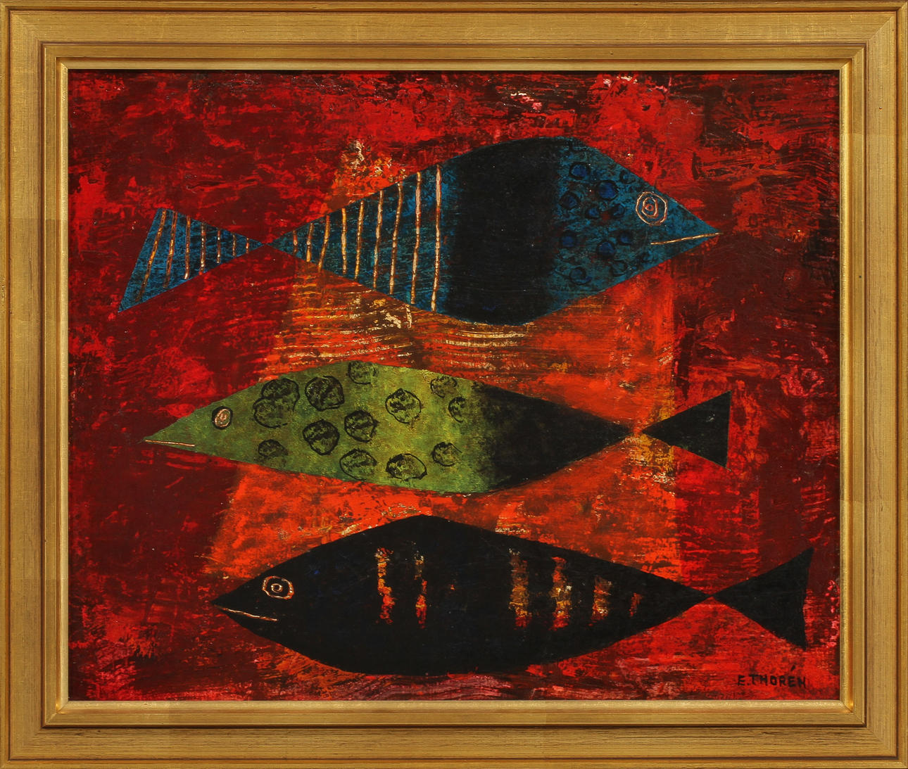 ESAIAS THORÉN. Tre fiskar. Olja på pannå, signerad.