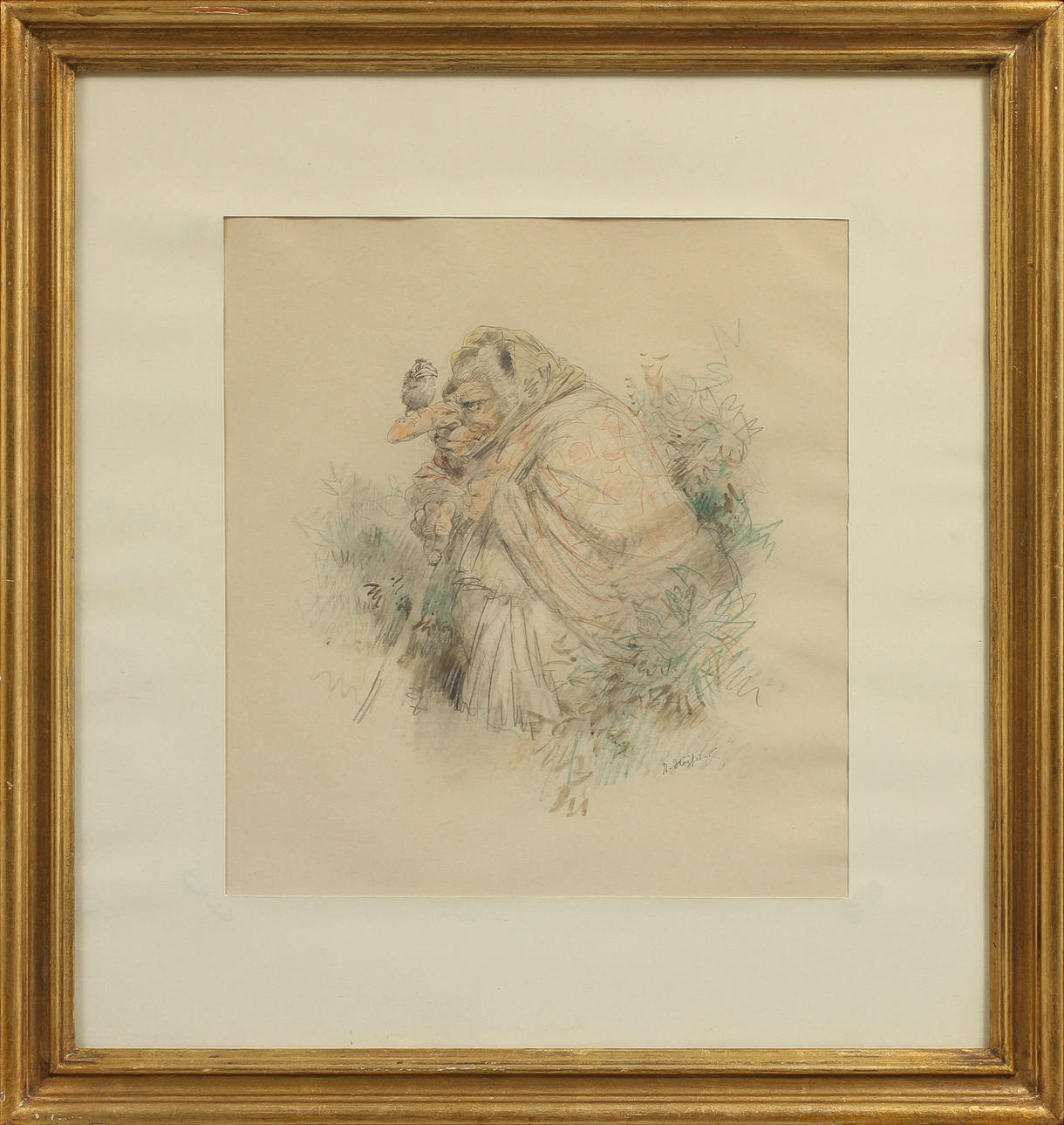 ROBERT HÖGFELDT. Gumma med skata på näsan. Teckning, signerad.