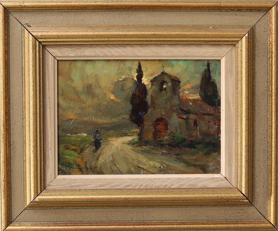 CHAVANNE. Olja på pannå, Chapelle en Provence, signerad.