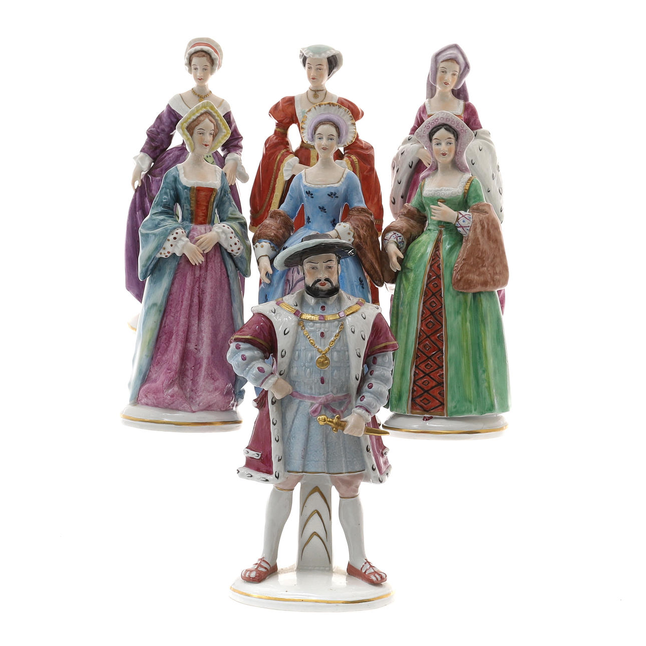 A SET OF SITZENDORF FIGURES IN THE FORM OF HENRY VIII AND HIS SIX WIVES, EARLY 20TH CENTURY.