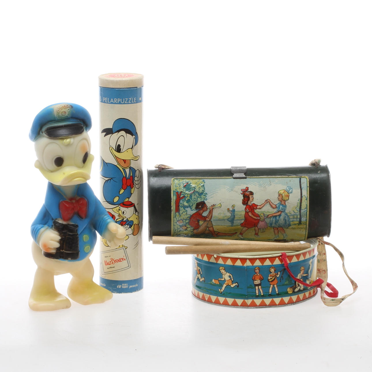 PORTÖR för växter, Trumma, Kalle Anka gummifigur och pussel.
