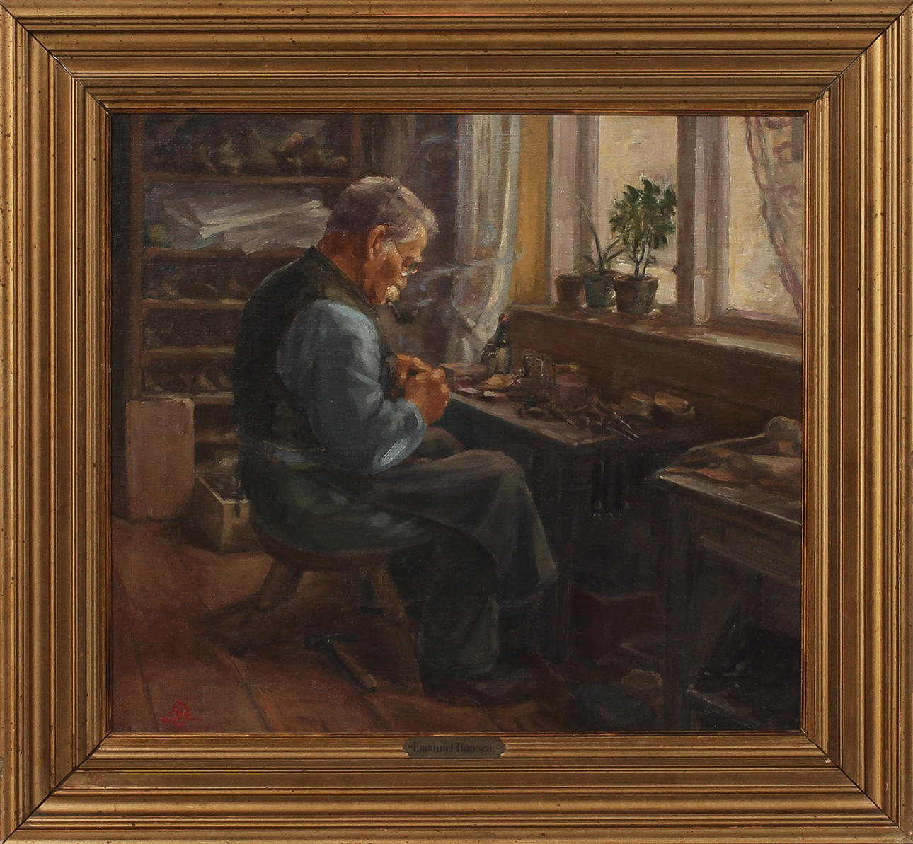 OIDENTIFIERAD KONSTNÄR. Skomakare, olja på duk, monogramsignerad.