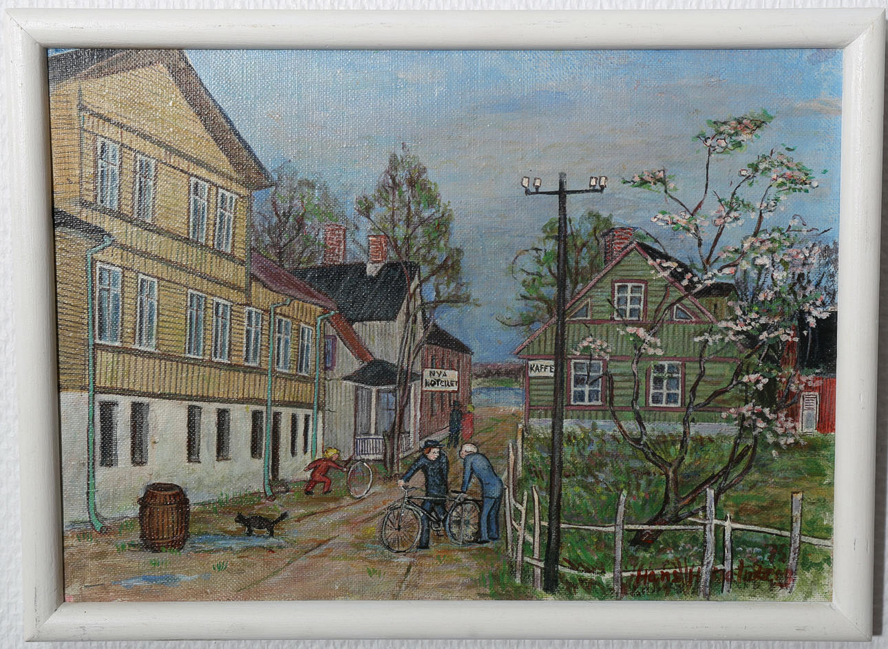 HANS HELMER MALMBERG. Olja på duk, Möte på Bygatan, signerad Hans Helmer -75.